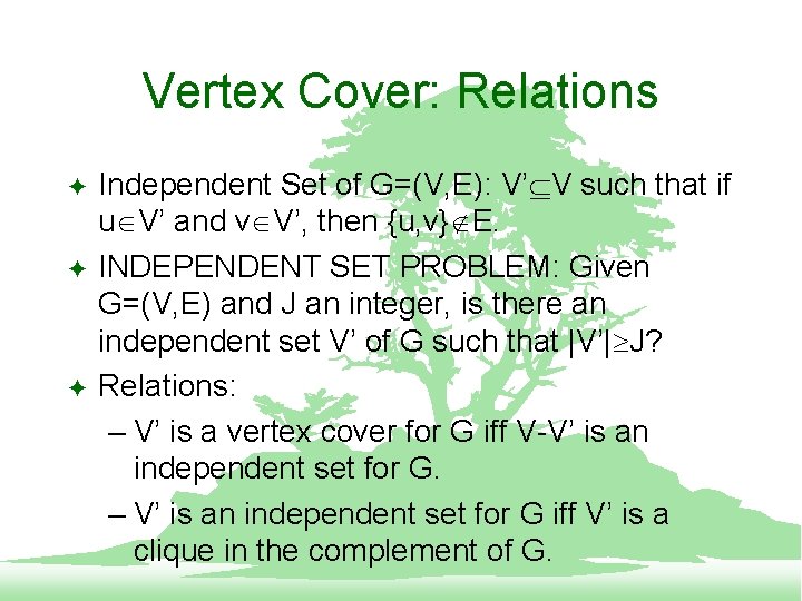 Vertex Cover: Relations F F F Independent Set of G=(V, E): V’ V such