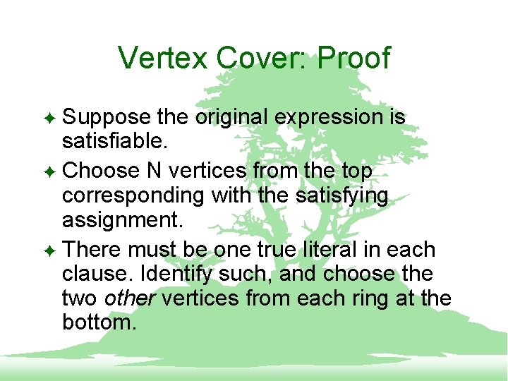 Vertex Cover: Proof Suppose the original expression is satisfiable. F Choose N vertices from