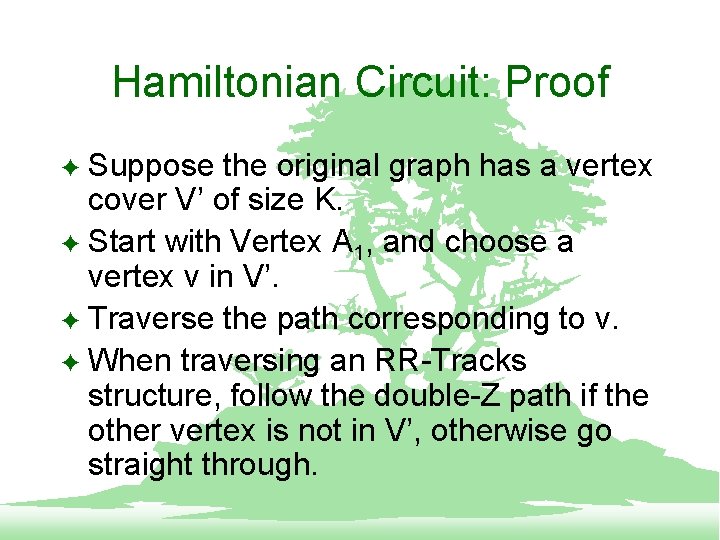 Hamiltonian Circuit: Proof Suppose the original graph has a vertex cover V’ of size