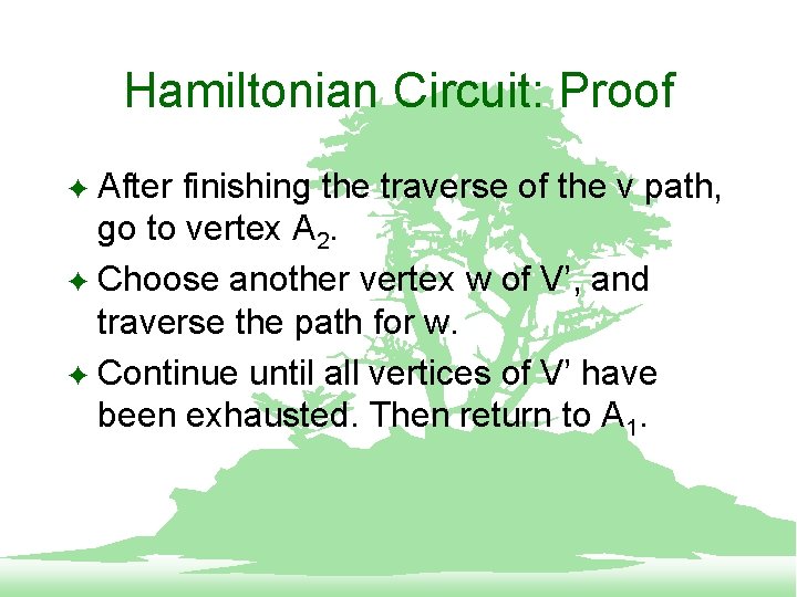 Hamiltonian Circuit: Proof After finishing the traverse of the v path, go to vertex