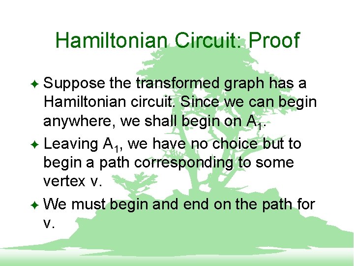 Hamiltonian Circuit: Proof Suppose the transformed graph has a Hamiltonian circuit. Since we can