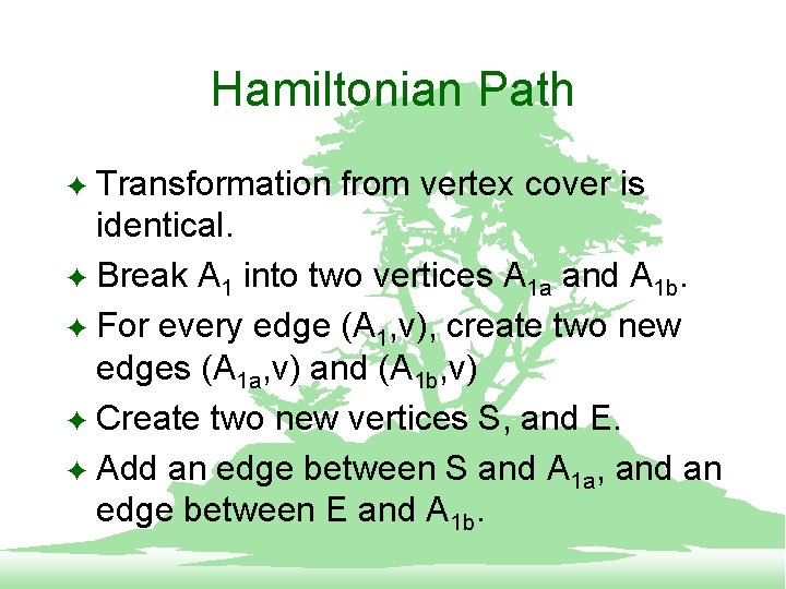 Hamiltonian Path Transformation from vertex cover is identical. F Break A 1 into two