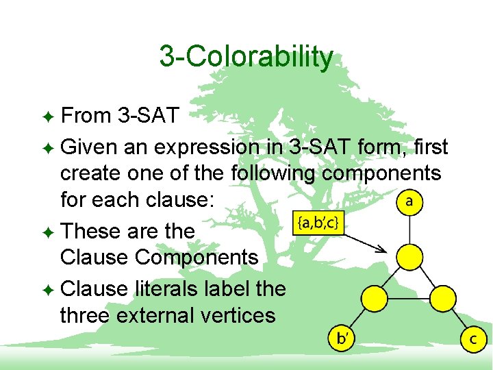 3 -Colorability From 3 -SAT F Given an expression in 3 -SAT form, first