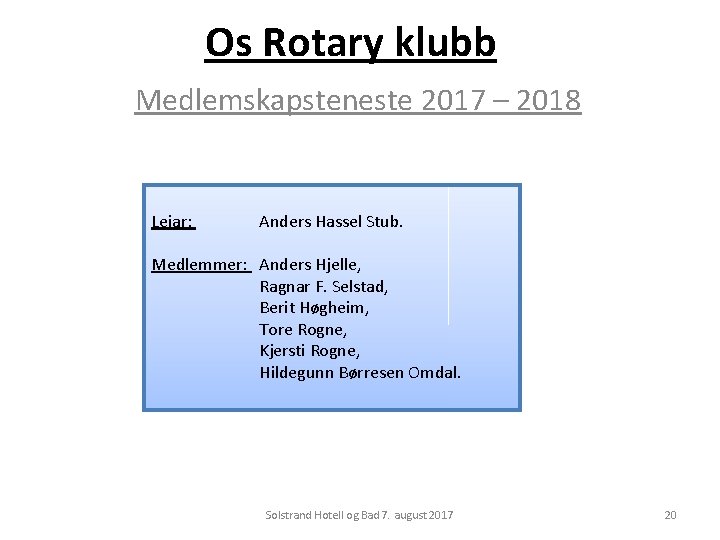Os Rotary klubb Medlemskapsteneste 2017 – 2018 Leiar: Anders Hassel Stub. Medlemmer: Anders Hjelle,