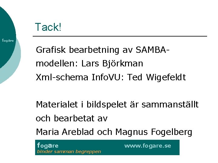 Tack! fogare Grafisk bearbetning av SAMBAmodellen: Lars Björkman Xml-schema Info. VU: Ted Wigefeldt Materialet