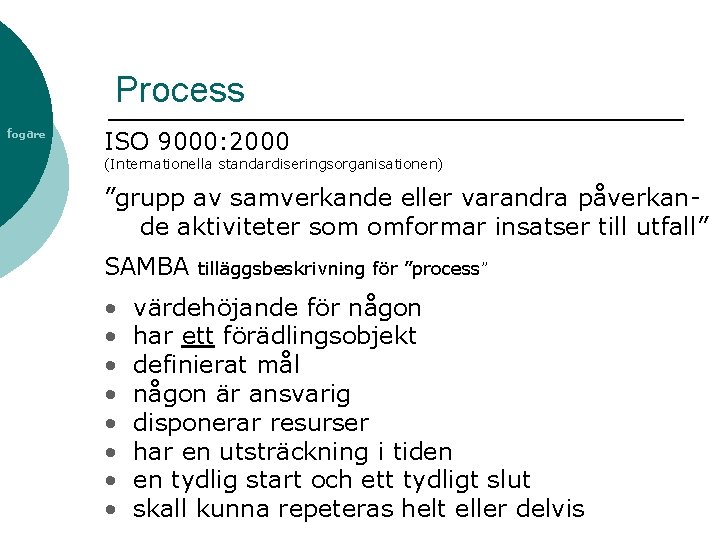 Process fogare ISO 9000: 2000 (Internationella standardiseringsorganisationen) ”grupp av samverkande eller varandra påverkande aktiviteter