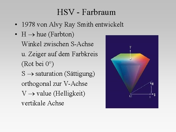 HSV - Farbraum • 1978 von Alvy Ray Smith entwickelt • H hue (Farbton)