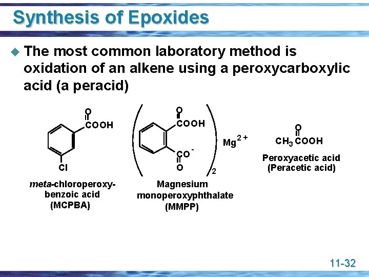 Synthesis of Epoxides u The most common laboratory method is oxidation of an alkene