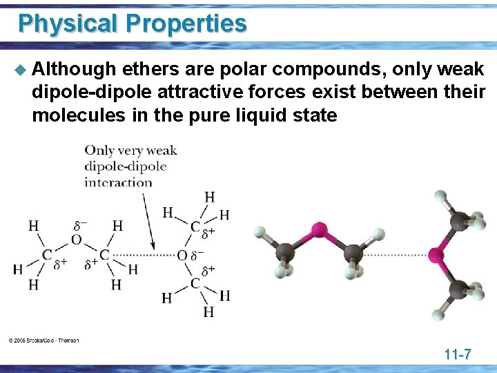Physical Properties u Although ethers are polar compounds, only weak dipole-dipole attractive forces exist