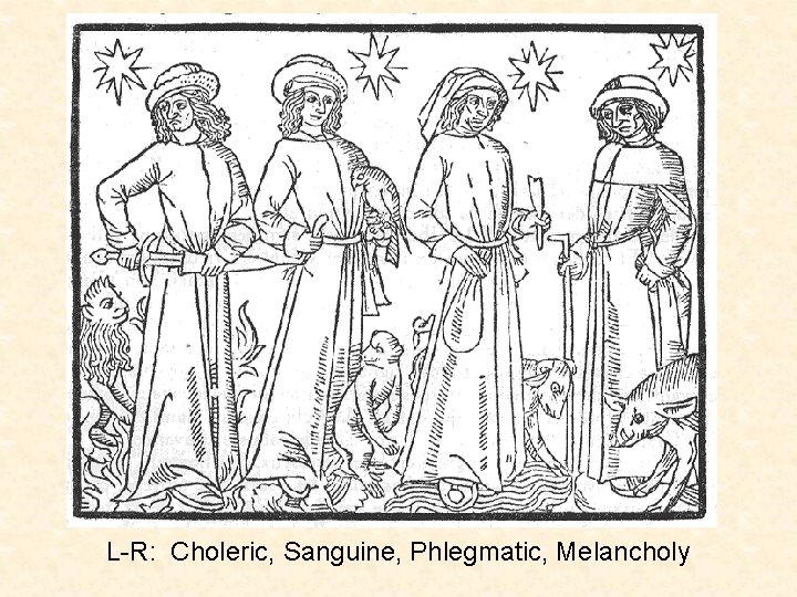 L-R: Choleric, Sanguine, Phlegmatic, Melancholy 