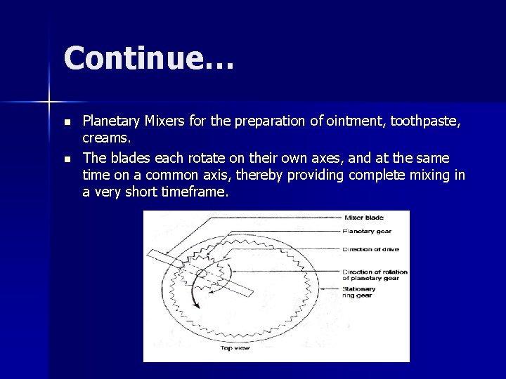 Continue… n n Planetary Mixers for the preparation of ointment, toothpaste, creams. The blades