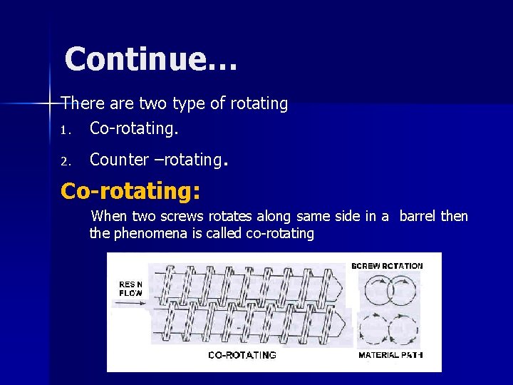Continue… There are two type of rotating 1. Co-rotating. 2. Counter –rotating. Co-rotating: When