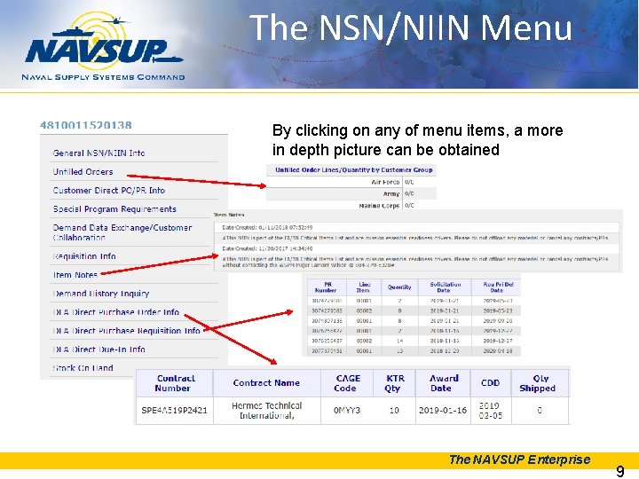 The NSN/NIIN Menu By clicking on any of menu items, a more in depth