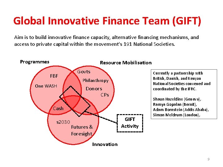 Global Innovative Finance Team (GIFT) Aim is to build innovative finance capacity, alternative financing