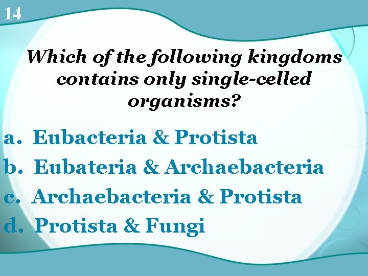 14 Which of the following kingdoms contains only single-celled organisms? a. b. c. d.