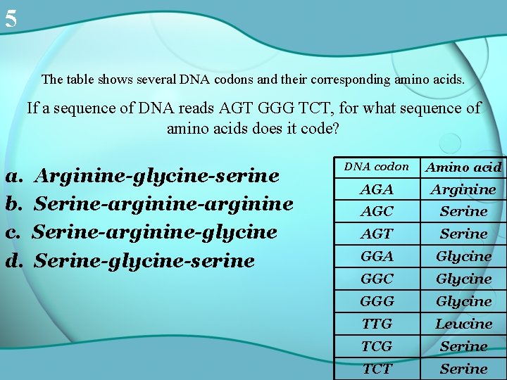 5 The table shows several DNA codons and their corresponding amino acids. If a