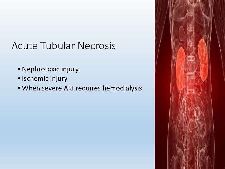 Acute Tubular Necrosis • Nephrotoxic injury • Ischemic injury • When severe AKI requires