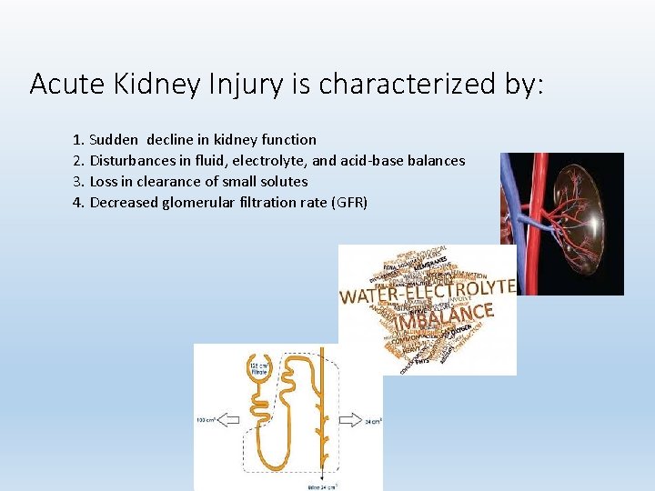 Acute Kidney Injury is characterized by: 1. Sudden decline in kidney function 2. Disturbances