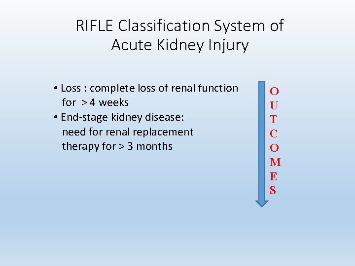 RIFLE Classification System of Acute Kidney Injury • Loss : complete loss of renal