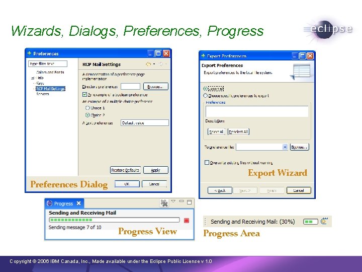 Wizards, Dialogs, Preferences, Progress Export Wizard Preferences Dialog Progress View Progress Area Copyright ©