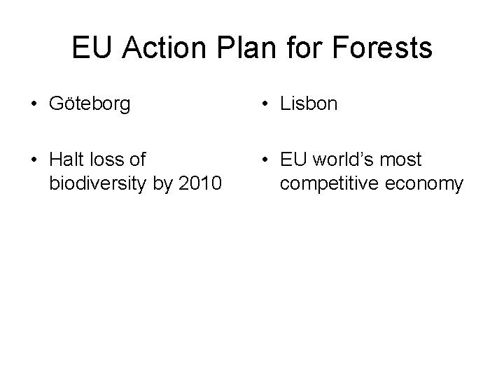 EU Action Plan for Forests • Göteborg • Lisbon • Halt loss of biodiversity