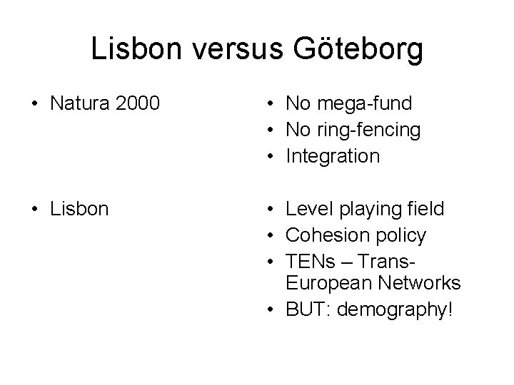 Lisbon versus Göteborg • Natura 2000 • No mega-fund • No ring-fencing • Integration