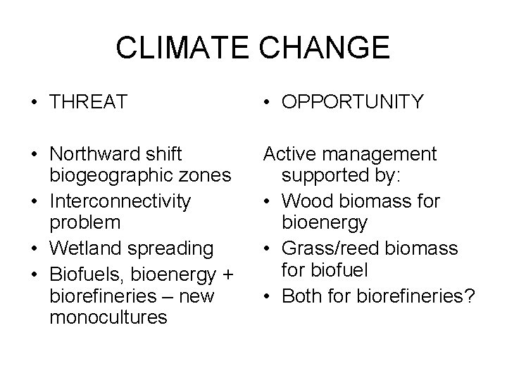 CLIMATE CHANGE • THREAT • OPPORTUNITY • Northward shift biogeographic zones • Interconnectivity problem