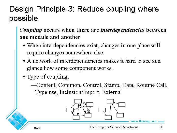 Design Principle 3: Reduce coupling where possible Coupling occurs when there are interdependencies between