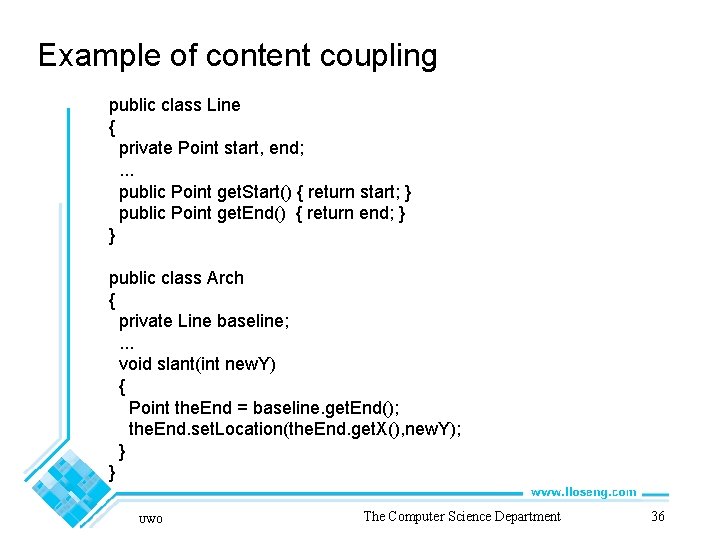 Example of content coupling public class Line { private Point start, end; . .