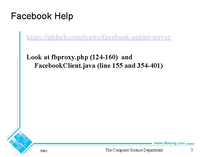 Facebook Help https: //github. com/jsuwo/facebook-applet-server Look at fbproxy. php (124 -160) and Facebook. Client.