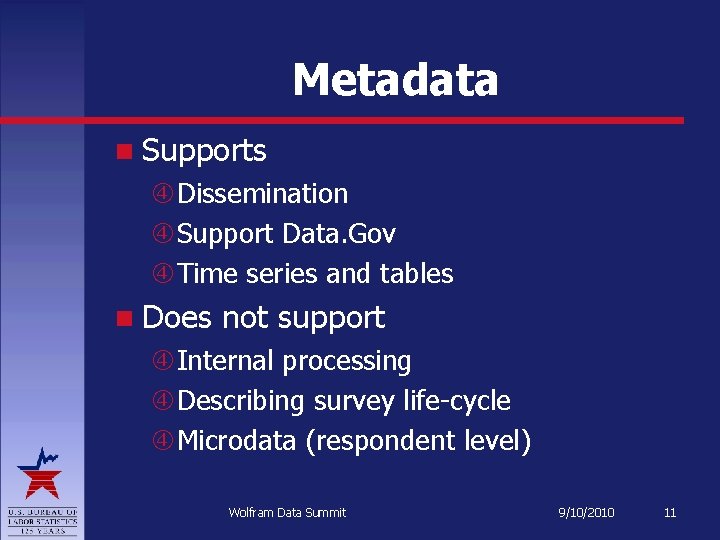 Metadata Supports Dissemination Support Data. Gov Time series and tables Does not support Internal