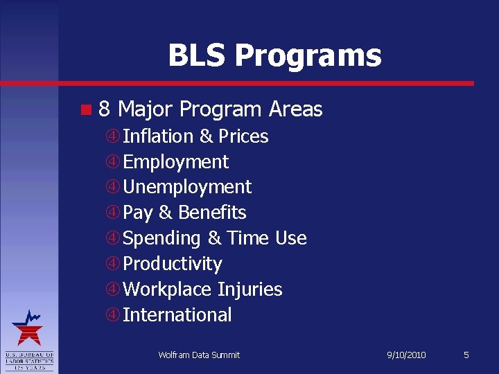 BLS Programs 8 Major Program Areas Inflation & Prices Employment Unemployment Pay & Benefits