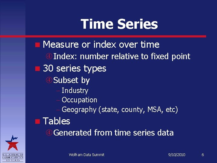 Time Series Measure or index over time Index: number relative to fixed point 30