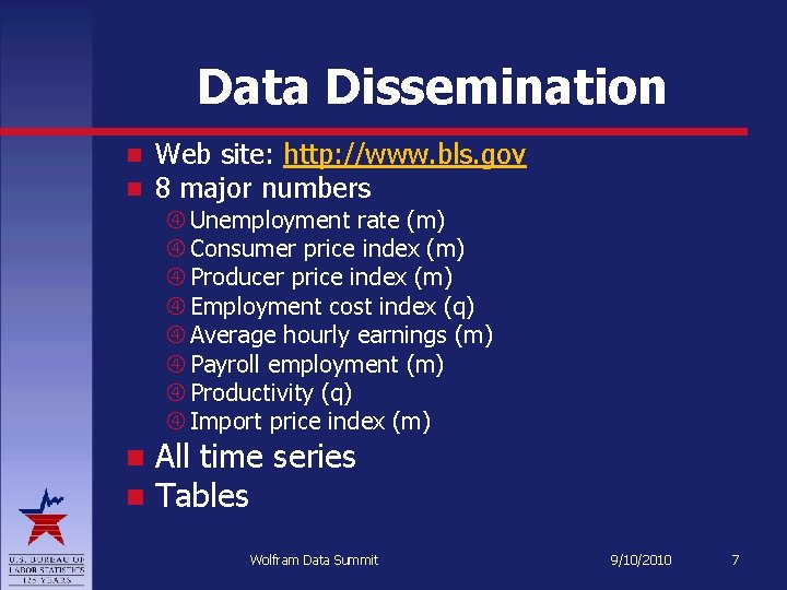 Data Dissemination Web site: http: //www. bls. gov 8 major numbers Unemployment rate (m)