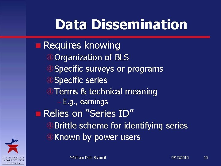 Data Dissemination Requires knowing Organization of BLS Specific surveys or programs Specific series Terms