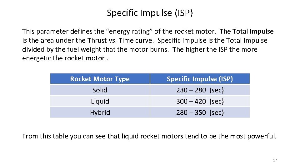 Specific Impulse (ISP) This parameter defines the “energy rating” of the rocket motor. The