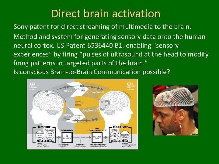 Direct brain activation Sony patent for direct streaming of multimedia to the brain. Method