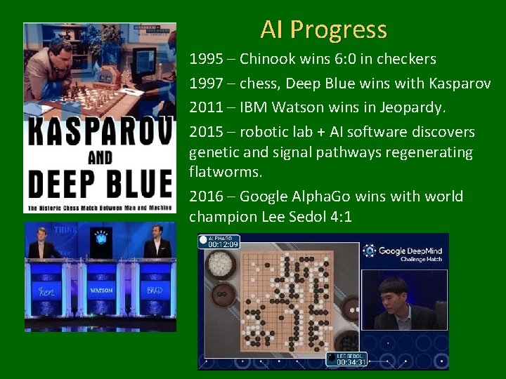 AI Progress 1995 – Chinook wins 6: 0 in checkers 1997 – chess, Deep