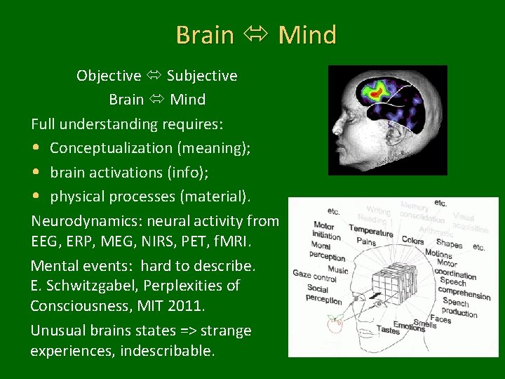 Brain Mind Objective Subjective Brain Mind Full understanding requires: • Conceptualization (meaning); • brain