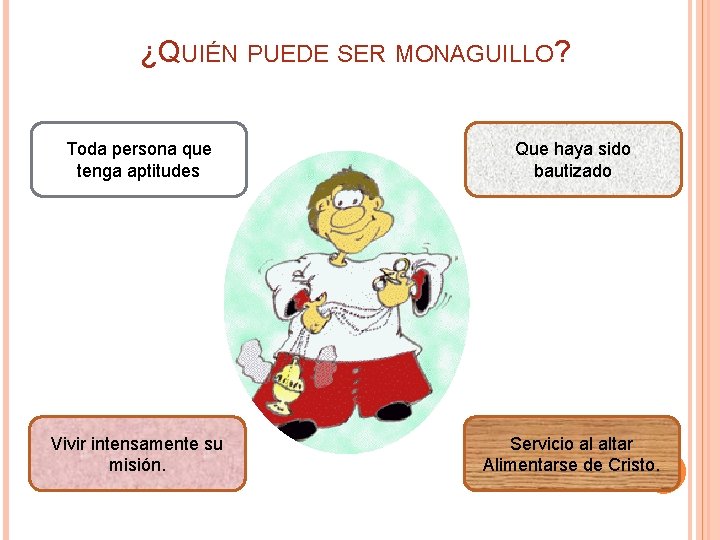 ¿QUIÉN PUEDE SER MONAGUILLO? Toda persona que tenga aptitudes Que haya sido bautizado Vivir