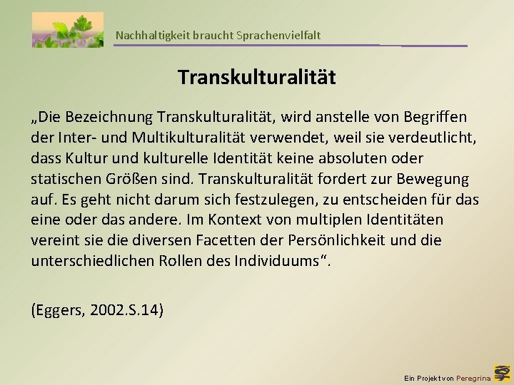 Nachhaltigkeit braucht Sprachenvielfalt Transkulturalität „Die Bezeichnung Transkulturalität, wird anstelle von Begriffen der Inter- und