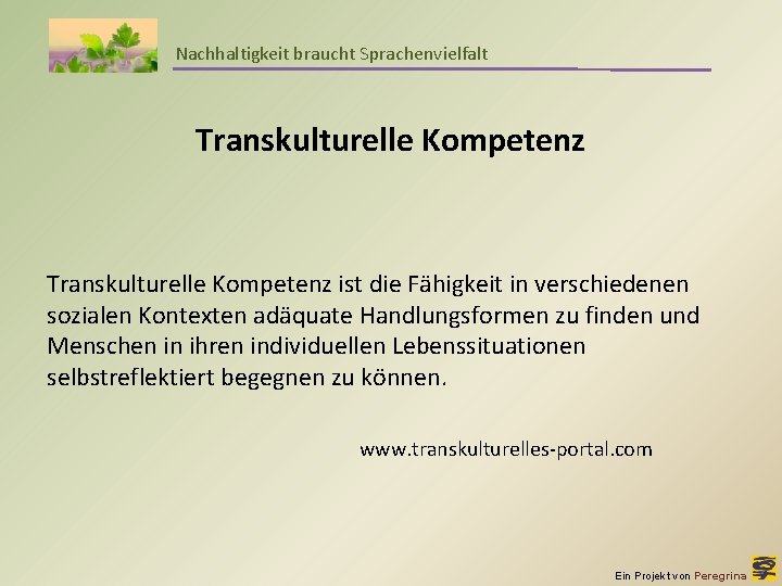 Nachhaltigkeit braucht Sprachenvielfalt Transkulturelle Kompetenz ist die Fähigkeit in verschiedenen sozialen Kontexten adäquate Handlungsformen