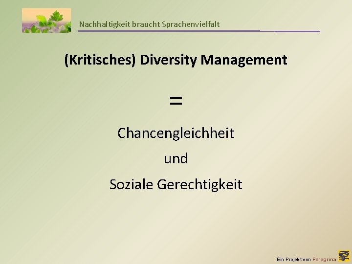 Nachhaltigkeit braucht Sprachenvielfalt (Kritisches) Diversity Management = Chancengleichheit und Soziale Gerechtigkeit Ein Projekt von