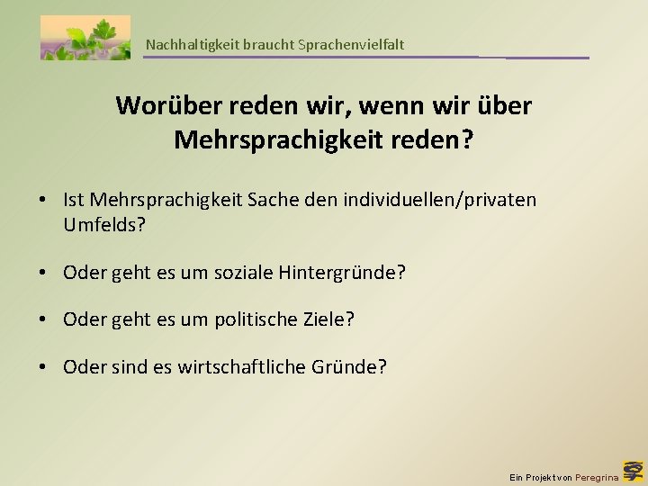 Nachhaltigkeit braucht Sprachenvielfalt Worüber reden wir, wenn wir über Mehrsprachigkeit reden? • Ist Mehrsprachigkeit