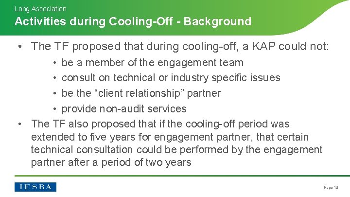 Long Association Activities during Cooling-Off - Background • The TF proposed that during cooling-off, Long Association Activities during Cooling-Off - Background • The TF proposed that during cooling-off,