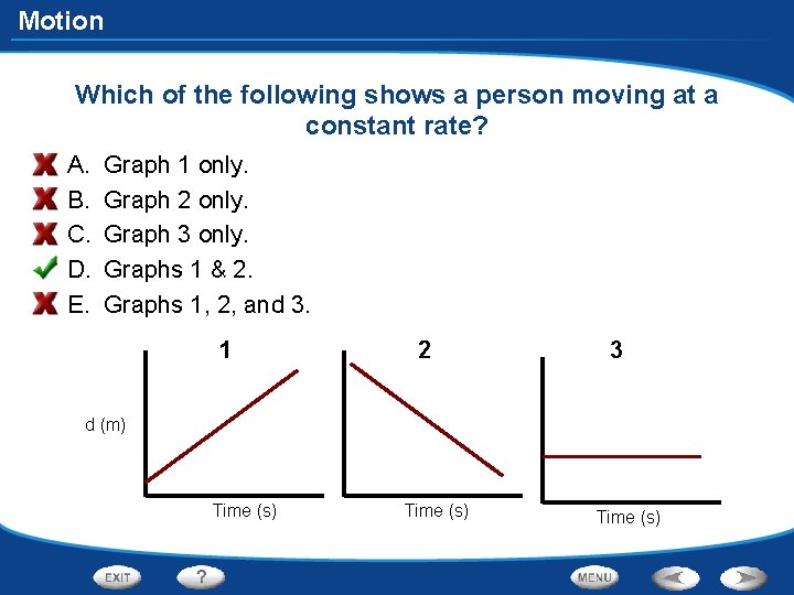 Motion Which of the following shows a person moving at a constant rate? A.