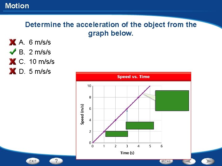 Motion Determine the acceleration of the object from the graph below. A. B. C.