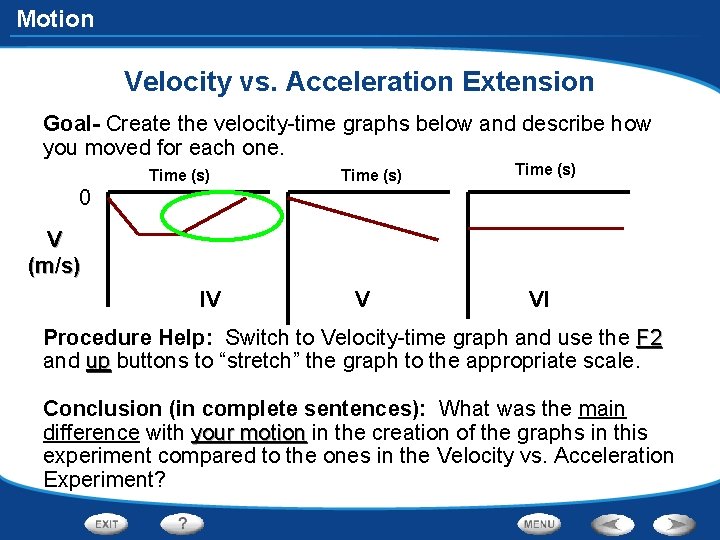 Motion Velocity vs. Acceleration Extension Goal- Create the velocity-time graphs below and describe how