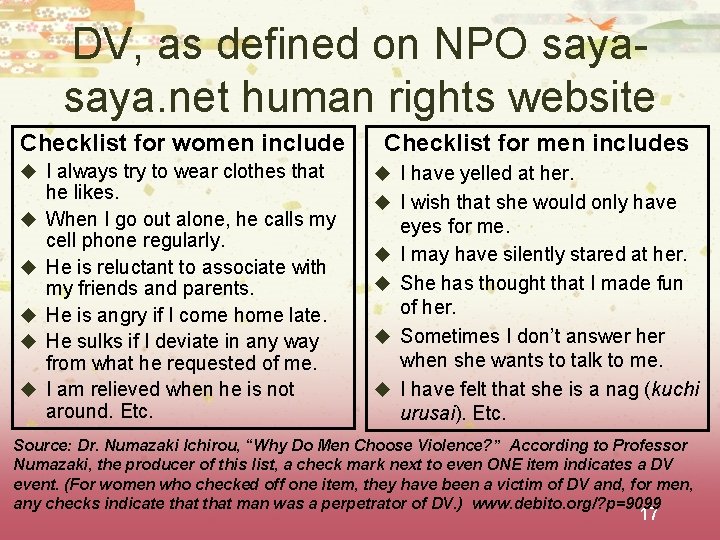 DV, as defined on NPO saya. net human rights website Checklist for women include