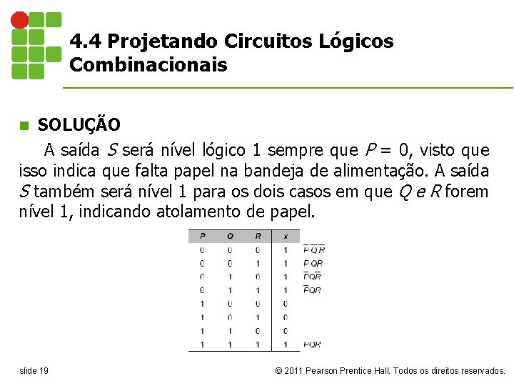 4. 4 Projetando Circuitos Lógicos Combinacionais SOLUÇÃO A saída S será nível lógico 1